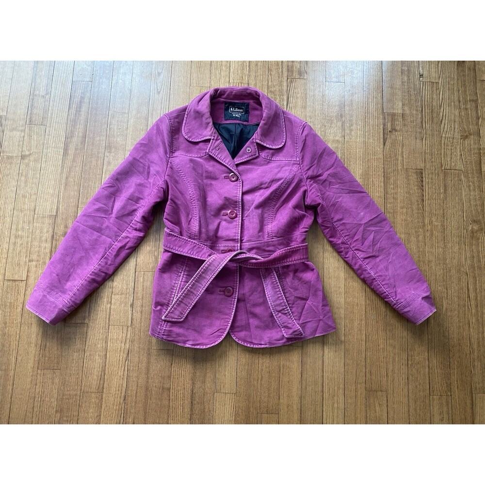 LL Bean Women's Belted Coat Purple Pink M Reg Cottagecore Twee 100% Cotton READ